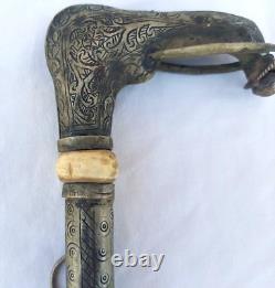 Rare Moroccan Tribal leader Ethnic Metal Carved Crutch Cane Handle wand Walking