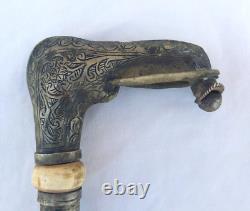 Rare Moroccan Tribal leader Ethnic Metal Carved Crutch Cane Handle wand Walking