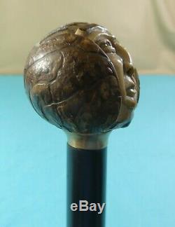 Rare Native Indian American Novelty Walking Stick Carved Coquilla Nut Chief 1885
