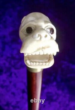 Rare Old Hand Carved Dog / Dragon Head Handle Beech Walking Cane Stick