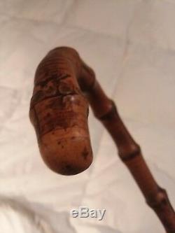 Rare Walking Stick Antique Cane Hand Carved Wood Bamboo Root Brass Ferrule