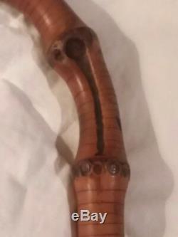 Rare Walking Stick Antique Cane Hand Carved Wood Bamboo Root Brass Ferrule