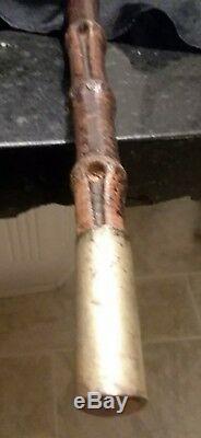 Rare Walking Stick Antique Cane Hand Carved Wood Bamboo Root Brass Ferrule