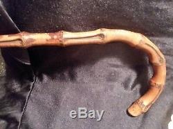 Rare Walking Stick Antique Cane Hand Carved Wood Bamboo Root Brass Ferrule