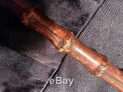 Rare Walking Stick Antique Cane Hand Carved Wood Bamboo Root Brass Ferrule