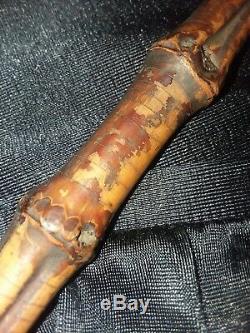 Rare Walking Stick Antique Cane Hand Carved Wood Bamboo Root Brass Ferrule