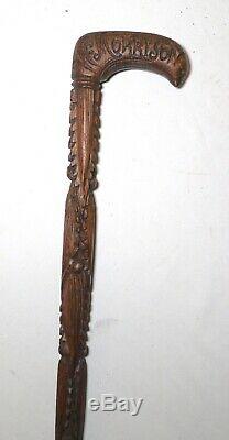 Rare elaborate antique hand carved wood Folk Art W. Morrison walking stick cane