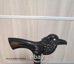 Raven Head Handle Hand Carved Walking Cane Wooden Walking Stick Handmade GF U2