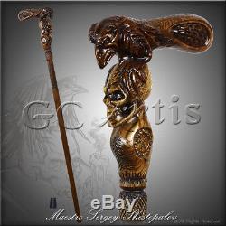 Raven & Skull Walking Stick Cane Wood Carved Gothic Magic Staff Wooden Fantasy