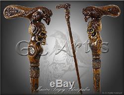 Raven & Skull Walking Stick Cane Wood Carved Gothic Magic Staff Wooden Fantasy