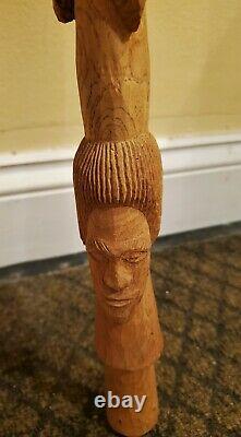 Raw Antique African Lion Head Teeth Hand Carved Pineapple Walking Stick Cane 39