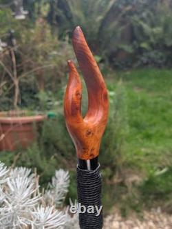 Red Fire Yew carved Thumb Stick On A 49 Inch Hazel