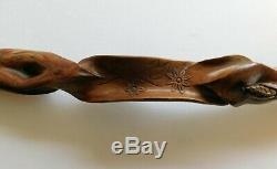 Red Willow Heavily Carved Antique Walking Stick Dated 1885 with Bison