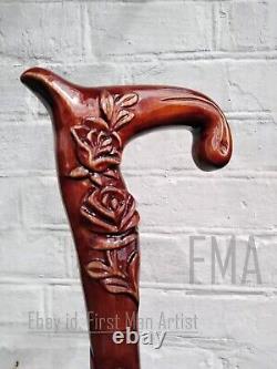 Roses Style Hand Carved Walking Stick Wooden Unique Walking Cane For Women