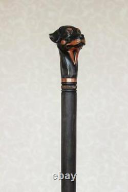 Rottweiler walking cane Wood dog Hand carved handle with simple staff Wooden