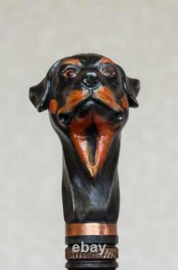 Rottweiler walking cane Wood dog Hand carved handle with simple staff Wooden