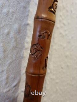 SIGNED Japanese Bamboo Walking Cane with BUG CARVINGS, various animals NICE ITEM