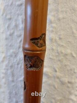 SIGNED Japanese Bamboo Walking Cane with BUG CARVINGS, various animals NICE ITEM