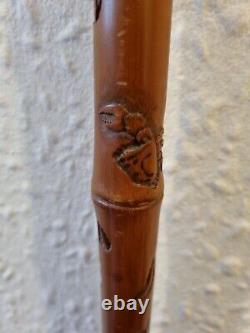 SIGNED Japanese Bamboo Walking Cane with BUG CARVINGS, various animals NICE ITEM