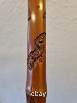 SIGNED Japanese Bamboo Walking Cane with BUG CARVINGS, various animals NICE ITEM