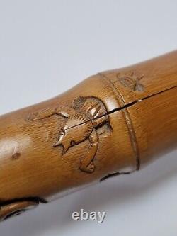 SIGNED Japanese Bamboo Walking Cane with BUG CARVINGS, various animals NICE ITEM