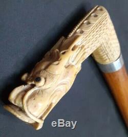 STUNNING antique chinese oriental dragon head carved cane walking stick