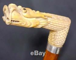 STUNNING antique chinese oriental dragon head carved cane walking stick