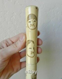 SUPERB Antique 31 JAPANESE Bone Walking Stick Carved Noh Mask Netsuke Cane
