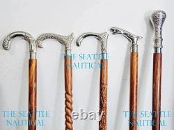 Set Of 5 Pc Antique Style Wooden Walking Stick Solid Brass Head Handle Cane Gift