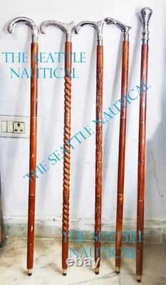 Set Of 5 Pc Antique Style Wooden Walking Stick Solid Brass Head Handle Cane Gift