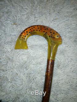 Shepherd's Crook Walking Stick With Carved Spotted Trout Fish Handle