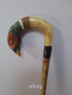 Shepherds Crook, Hand Carved Pheasant, Rams Horn Walking Stick 54 Tall