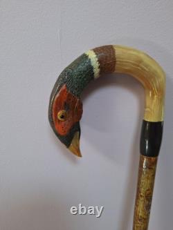 Shepherds Crook, Hand Carved Pheasant, Rams Horn Walking Stick 54 Tall