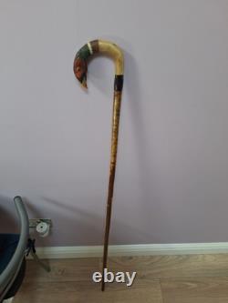 Shepherds Crook, Hand Carved Pheasant, Rams Horn Walking Stick 54 Tall