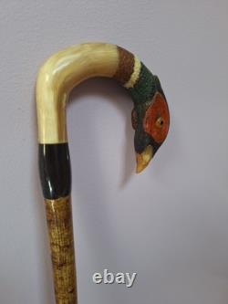 Shepherds Crook, Hand Carved Pheasant, Rams Horn Walking Stick 54 Tall