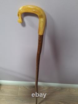 Shepherds Crook Walking Stick, Hand Carved Rams Horn 42.5 Tall