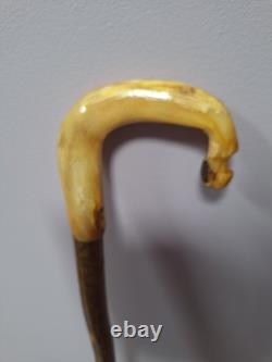 Shepherds Crook Walking Stick, Hand Carved Rams Horn 42.5 Tall