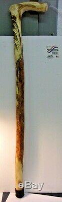 Signed Hand Carved Wood Folk Art Walking Stick Can Cypress Tree Spirit Face