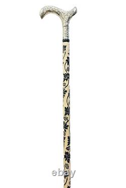 Silver Headed White Wooden Walking Stick, High Quality Special Carved Cane