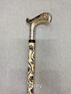 Silver Headed White Wooden Walking Stick, High Quality Special Carved Cane