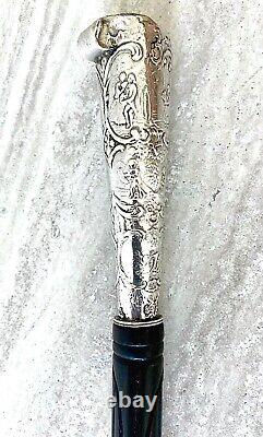 Silver Top Carved Ebony Cane Import Marks 1892 by Samuel Boyce Landeck