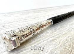 Silver Top Carved Ebony Cane Import Marks 1892 by Samuel Boyce Landeck