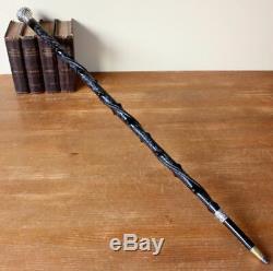 Silver Topped Bog Oak Walking Stick. Folk Art Hand Carved Snake Cane 1888