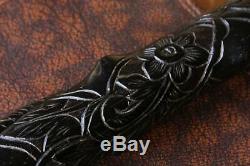 Silver Topped Bog Oak Walking Stick. Folk Art Hand Carved Snake Cane 1888