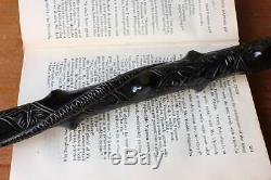 Silver Topped Bog Oak Walking Stick. Folk Art Hand Carved Snake Cane 1888