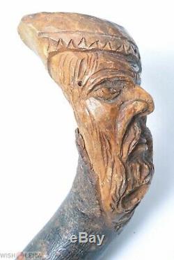 Simple French Antique Beech Cane Walking Stick Folk Art Hand Carved Old Man Face