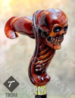 Skull Head Handle Walking Stick Wooden Hand Carved Walking Cane Unique Gift