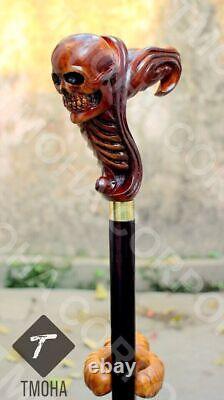 Skull Head Handle Walking Stick Wooden Hand Carved Walking Cane Unique Gift