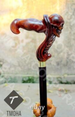 Skull Head Handle Walking Stick Wooden Hand Carved Walking Cane Unique Gift