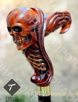 Skull Head Handle Walking Stick Wooden Hand Carved Walking Cane Unique Gift